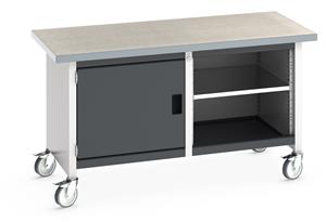 Bott Cubio Mobile Storage Workbench 1500mm wide x 750mm Deep x 840mm high supplied with a Linoleum worktop (particle board core with grey linoleum surface and plastic edgebanding), 1 x integral storage cupboard (650mm wide x 650mm deep x 500mm high)... 1500mm Wide Mobile Moveable Industrial Storage Benches with Cupboards and Drawers